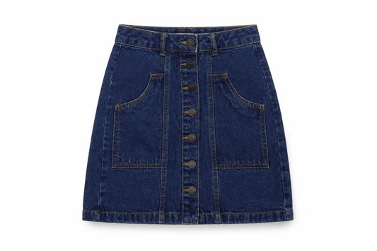 Front view of Stradivarius women’s blue cotton a-line skirt, size UK 4, button