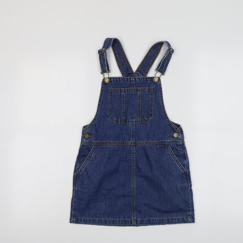 NEXT Girls Blue Cotton Pinafore/Dungaree Dress Size 8 Years Square Neck Buckle