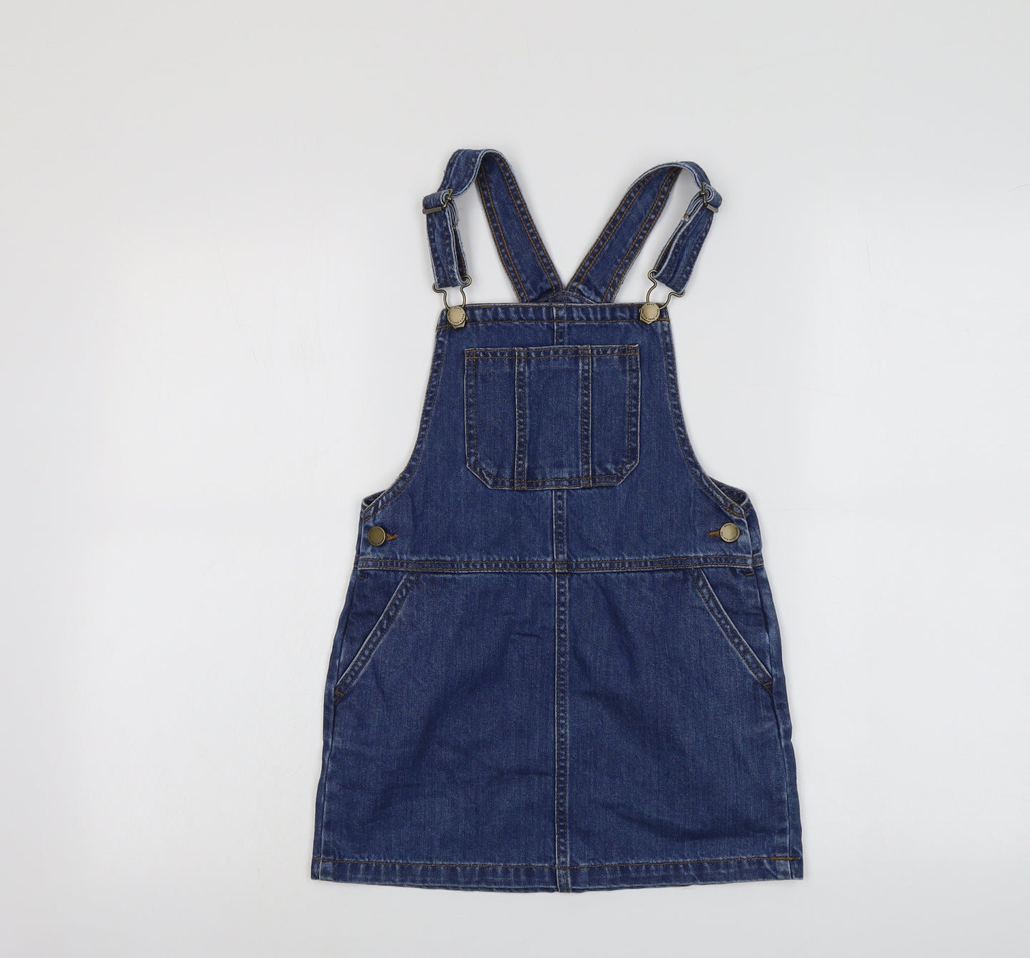 NEXT Girls Blue Cotton Pinafore/Dungaree Dress Size 8 Years Square Neck Buckle