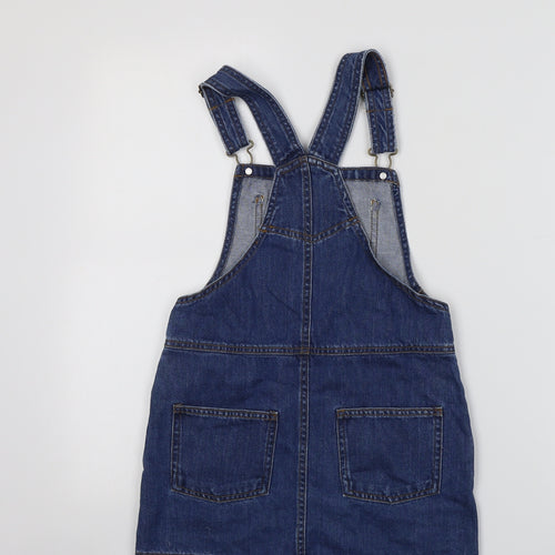 NEXT Girls Blue Cotton Pinafore/Dungaree Dress Size 8 Years Square Neck Buckle