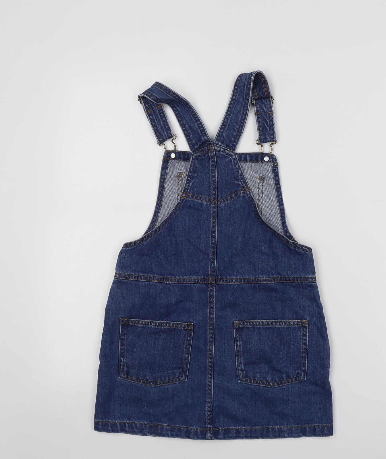 NEXT Girls Blue Cotton Pinafore/Dungaree Dress Size 8 Years Square Neck Buckle