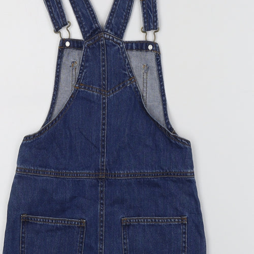 NEXT Girls Blue Cotton Pinafore/Dungaree Dress Size 8 Years Square Neck Buckle