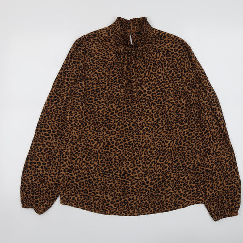 New Look Womens Brown Animal Print Polyester Basic Blouse Size 8 Mock Neck - Leopard Print