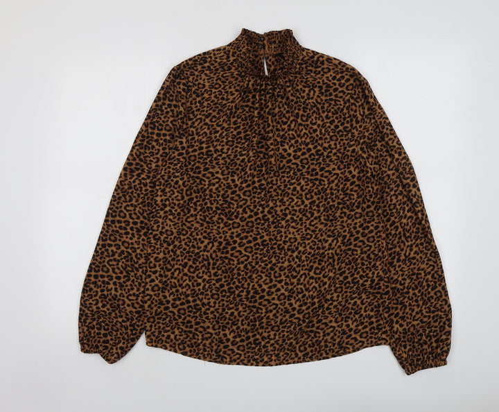 New Look Womens Brown Animal Print Polyester Basic Blouse Size 8 Mock Neck - Leopard Print
