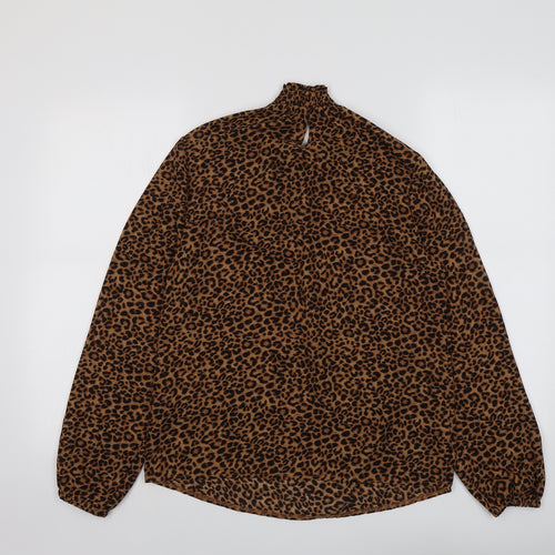 New Look Womens Brown Animal Print Polyester Basic Blouse Size 8 Mock Neck - Leopard Print