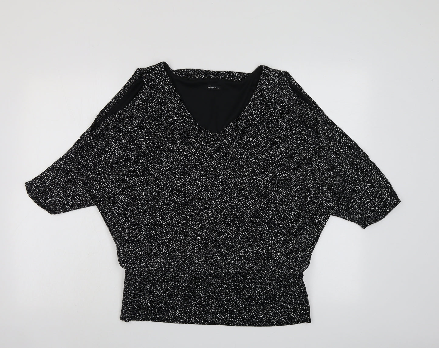Roman Womens Black Polyamide Basic Blouse Size 12 V-Neck - Cold Shoulder Detail