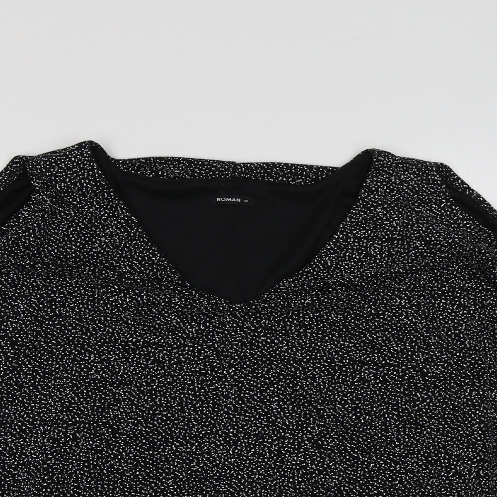 Roman Womens Black Polyamide Basic Blouse Size 12 V-Neck - Cold Shoulder Detail