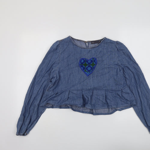 Marks and Spencer Womens Blue Cotton Basic Blouse Size 14 Round Neck - Heart