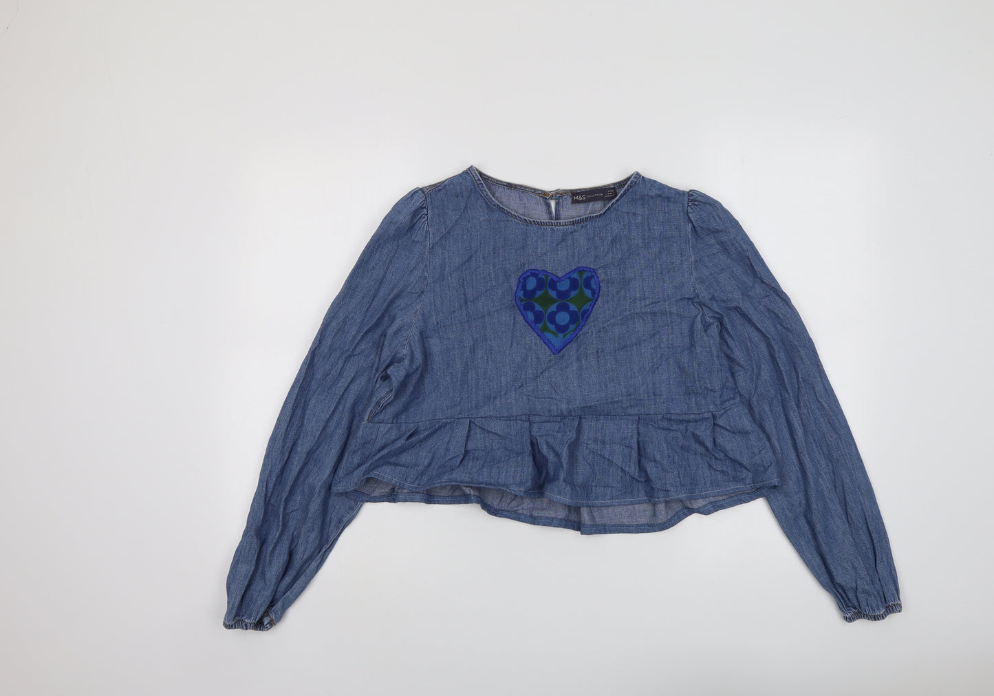 Marks and Spencer Womens Blue Cotton Basic Blouse Size 14 Round Neck - Heart