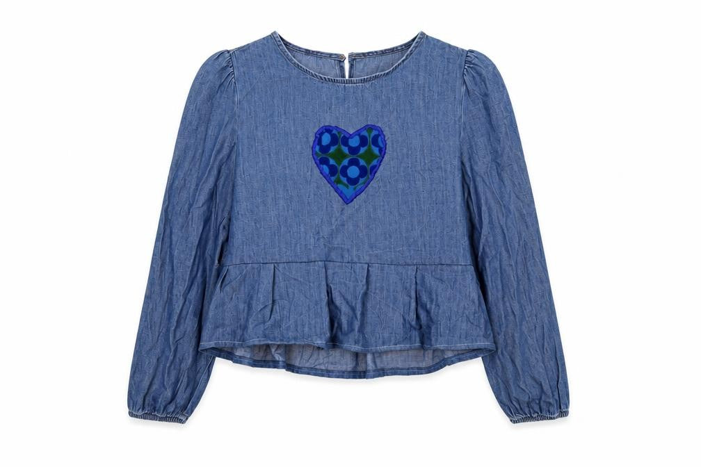 Front view of Marks & Spencer women’s blue cotton basic blouse, size UK 14, round neck - heart