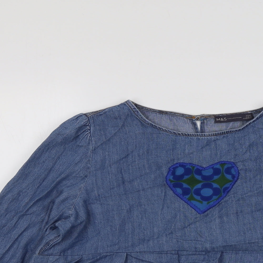 Marks and Spencer Womens Blue Cotton Basic Blouse Size 14 Round Neck - Heart