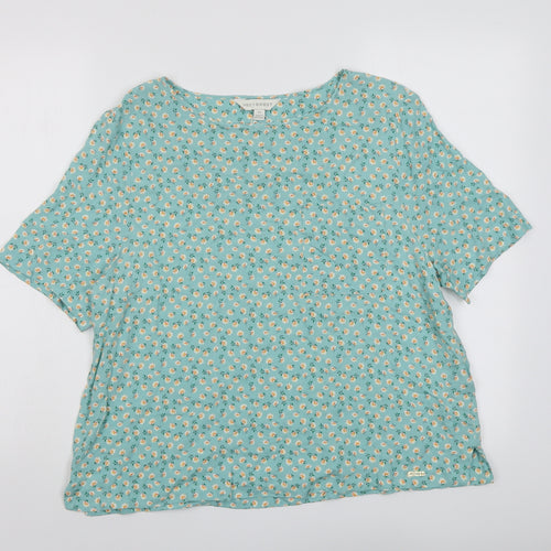 Marks and Spencer Womens Green Floral Viscose Basic T-Shirt Size 14 Round Neck