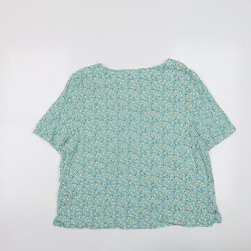 Marks and Spencer Womens Green Floral Viscose Basic T-Shirt Size 14 Round Neck
