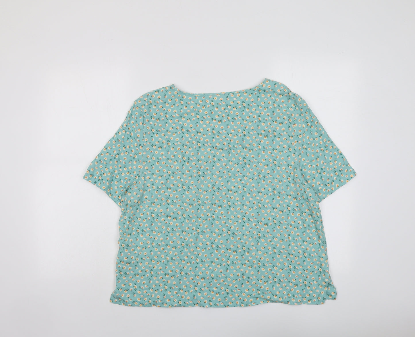Marks and Spencer Womens Green Floral Viscose Basic T-Shirt Size 14 Round Neck