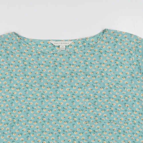 Marks and Spencer Womens Green Floral Viscose Basic T-Shirt Size 14 Round Neck