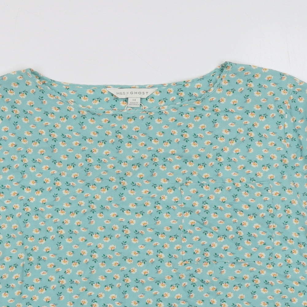 Marks and Spencer Womens Green Floral Viscose Basic T-Shirt Size 14 Round Neck