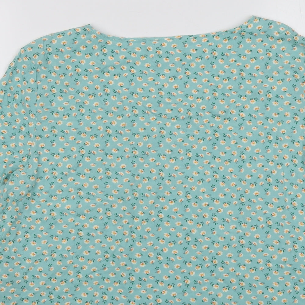 Marks and Spencer Womens Green Floral Viscose Basic T-Shirt Size 14 Round Neck