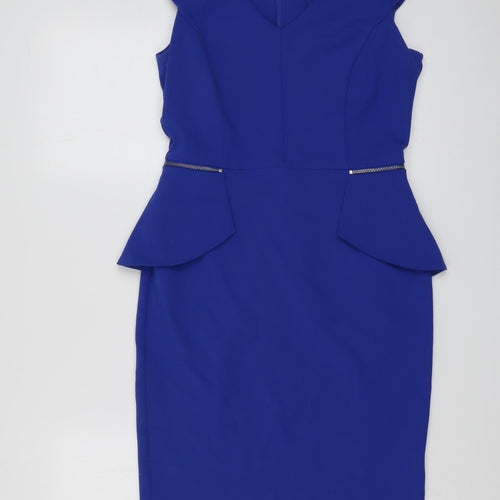 South Womens Blue Polyester Sheath Size 8 V-Neck Zip - Cap Sleeve Peplum