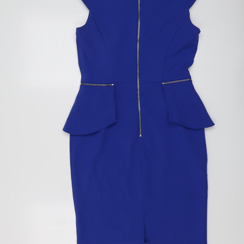 South Womens Blue Polyester Sheath Size 8 V-Neck Zip - Cap Sleeve Peplum