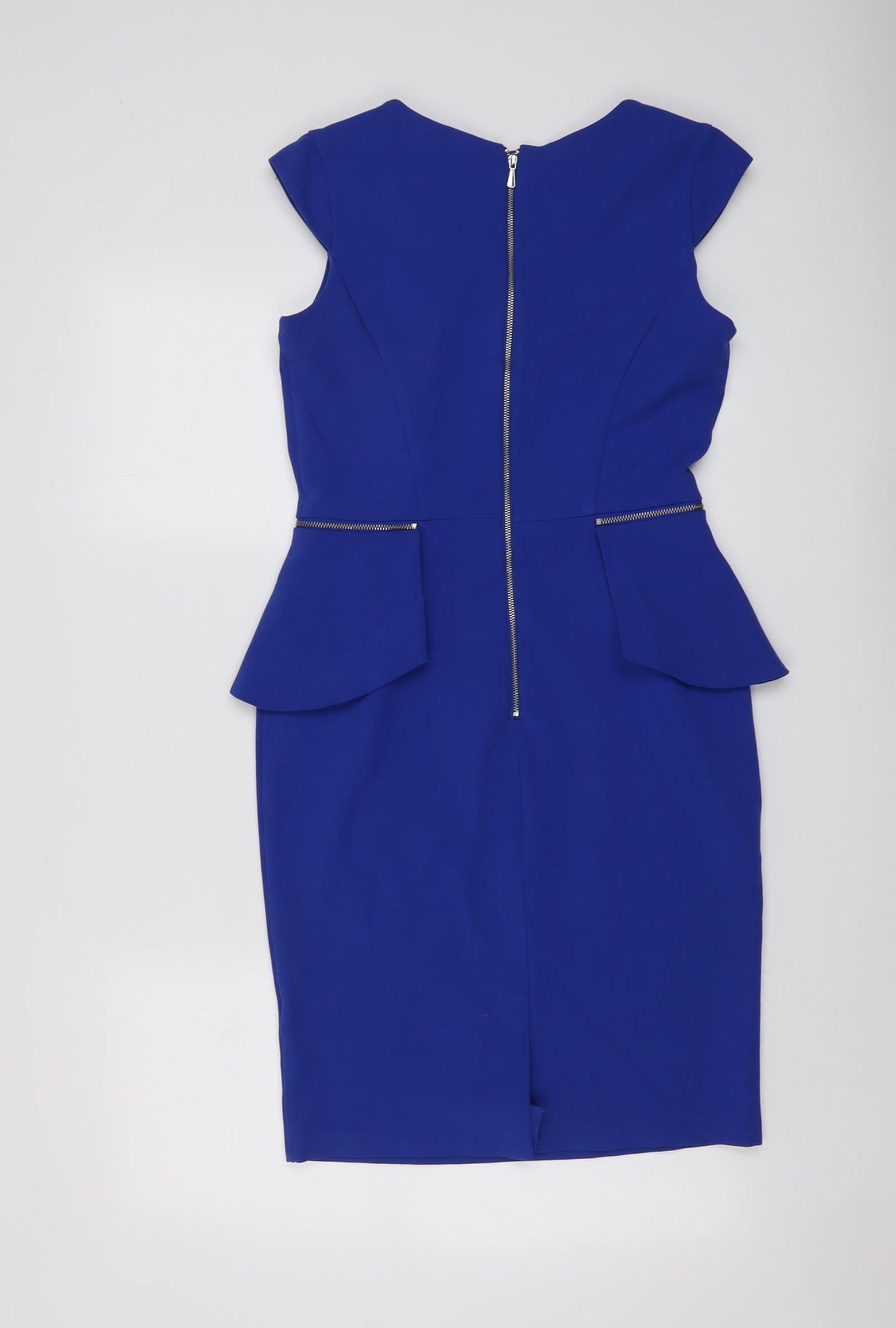 South Womens Blue Polyester Sheath Size 8 V-Neck Zip - Cap Sleeve Peplum