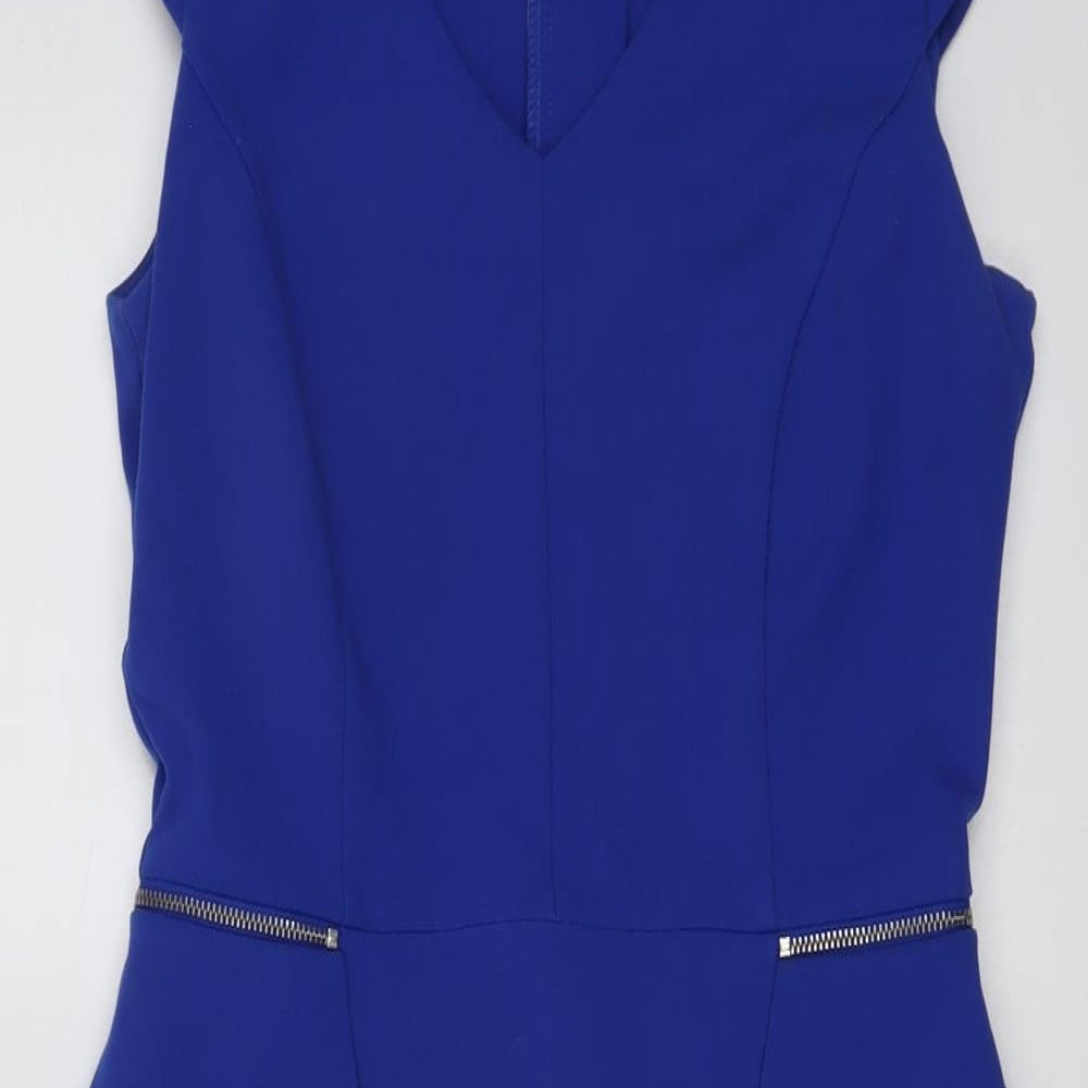 South Womens Blue Polyester Sheath Size 8 V-Neck Zip - Cap Sleeve Peplum