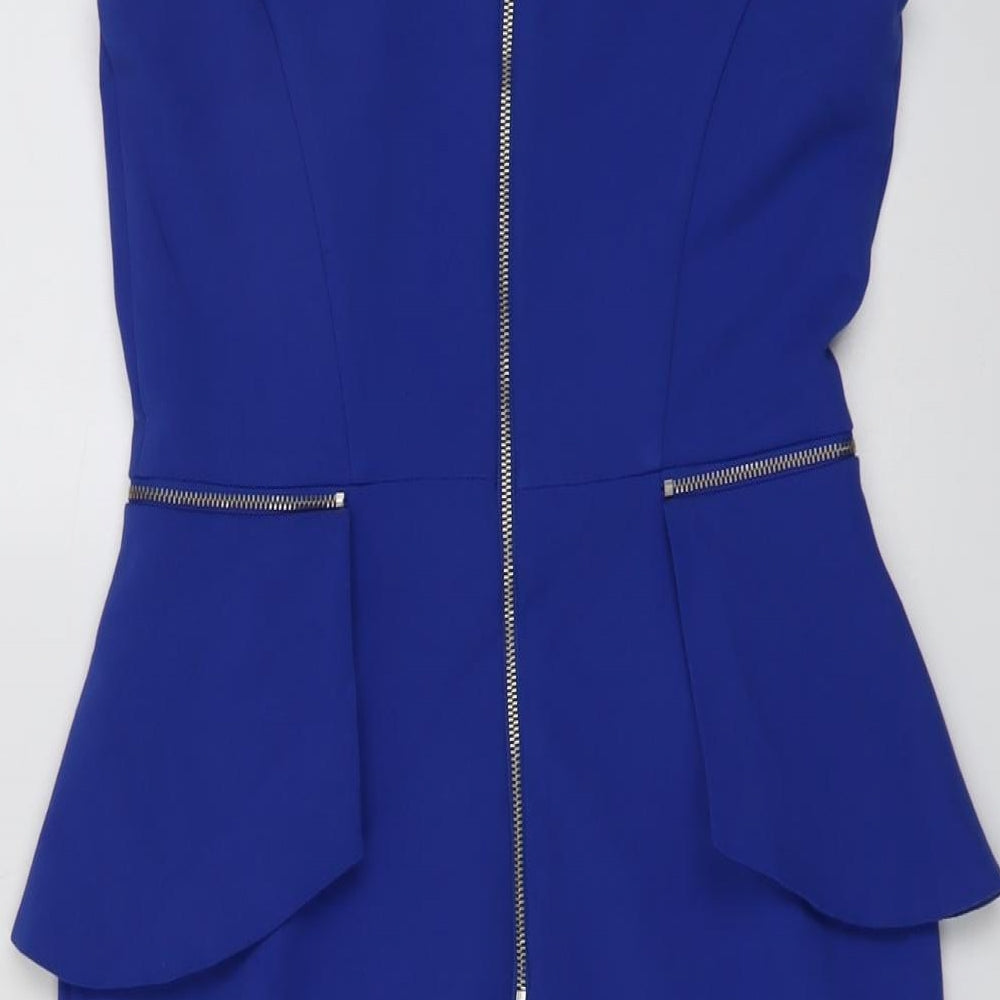South Womens Blue Polyester Sheath Size 8 V-Neck Zip - Cap Sleeve Peplum