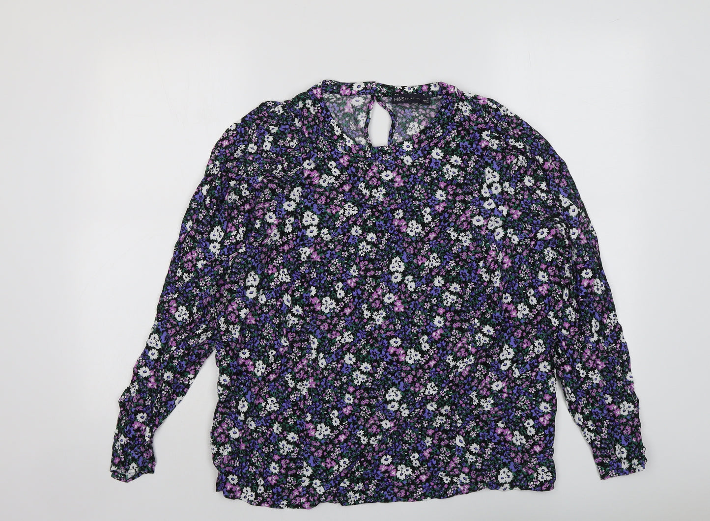 Marks and Spencer Womens Purple Floral Viscose Basic Blouse Size 16 Round Neck