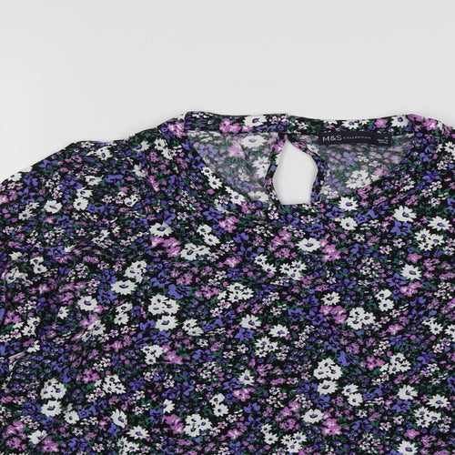 Marks and Spencer Womens Purple Floral Viscose Basic Blouse Size 16 Round Neck
