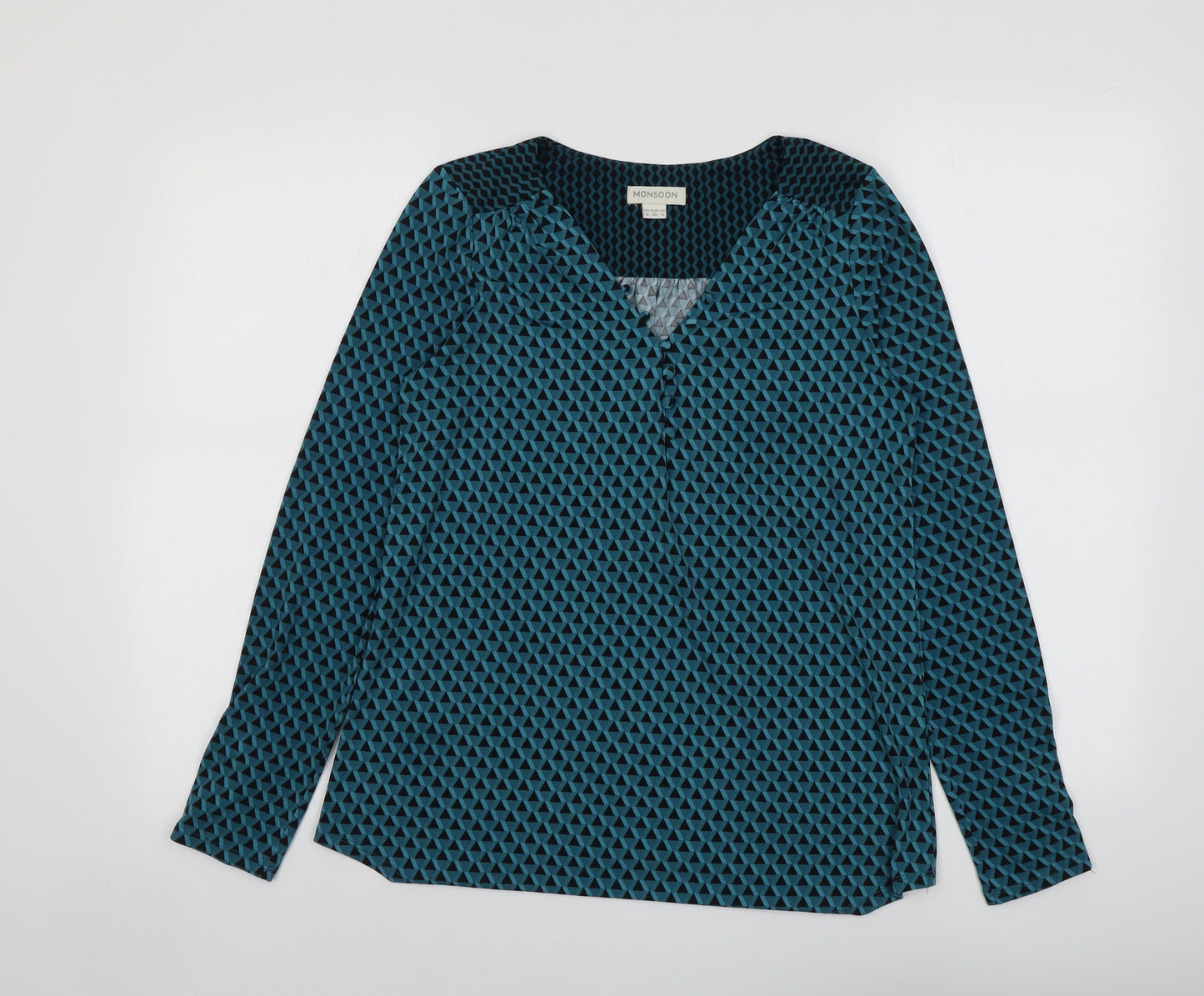 Monsoon Womens Green Geometric Viscose Basic Blouse Size 8 V-Neck