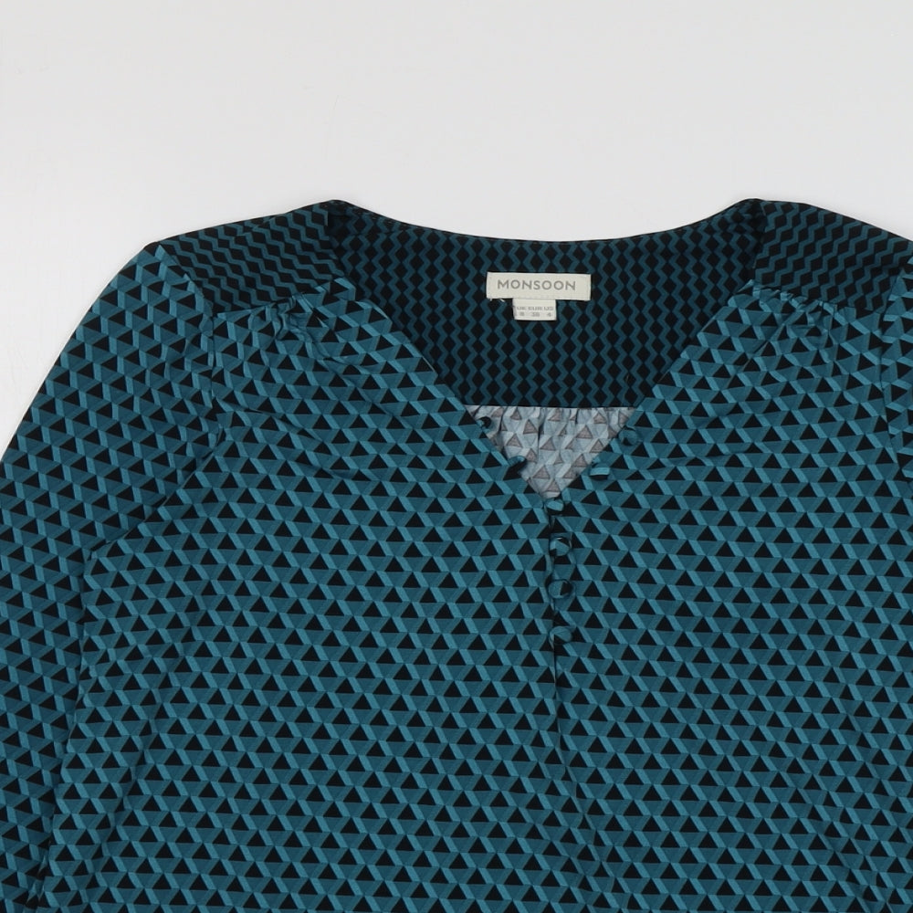Monsoon Womens Green Geometric Viscose Basic Blouse Size 8 V-Neck