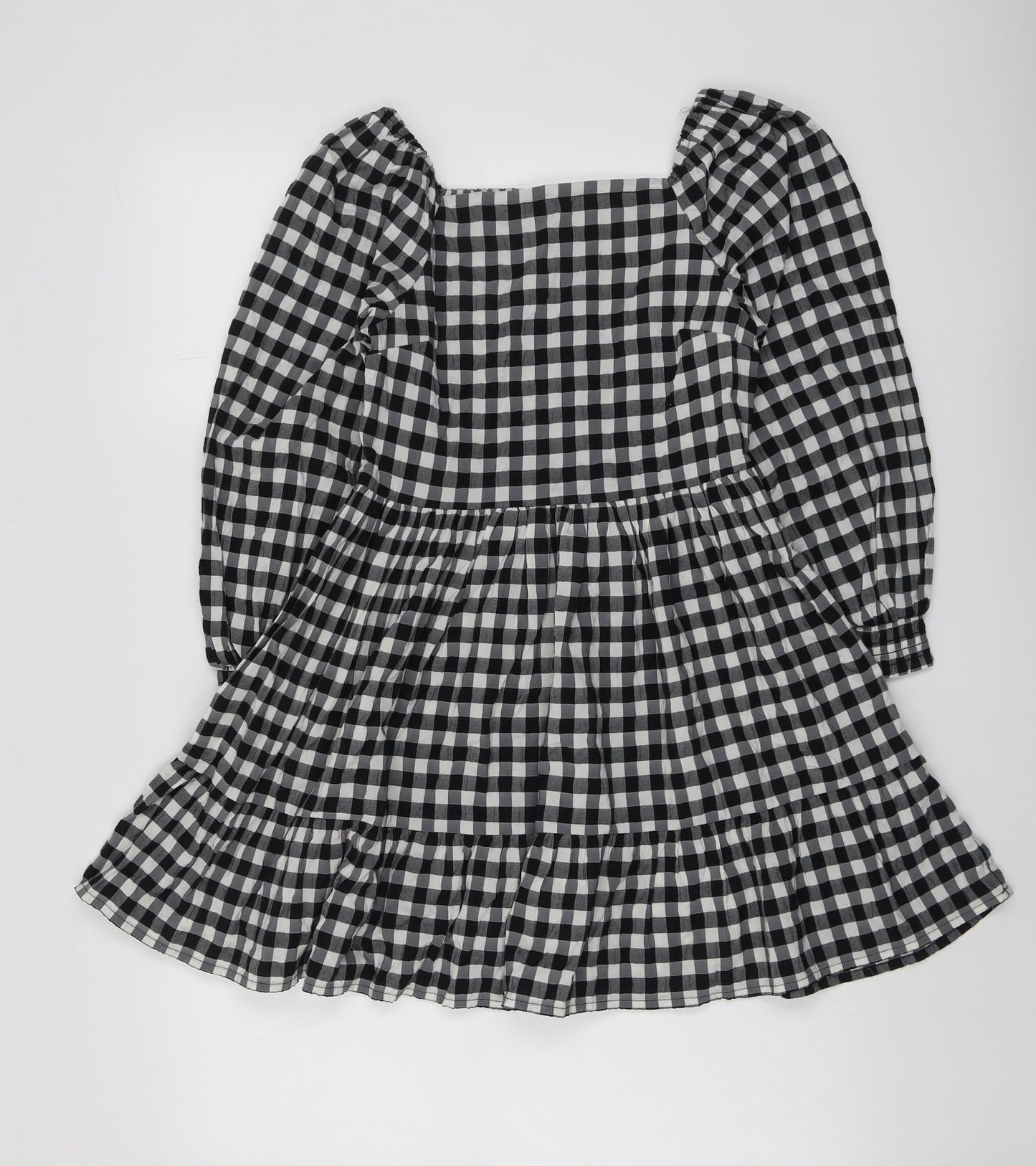 Marks and Spencer Girls Black Check Polyester Skater Dress Size 9-10 Years Square Neck Pullover - Shirred