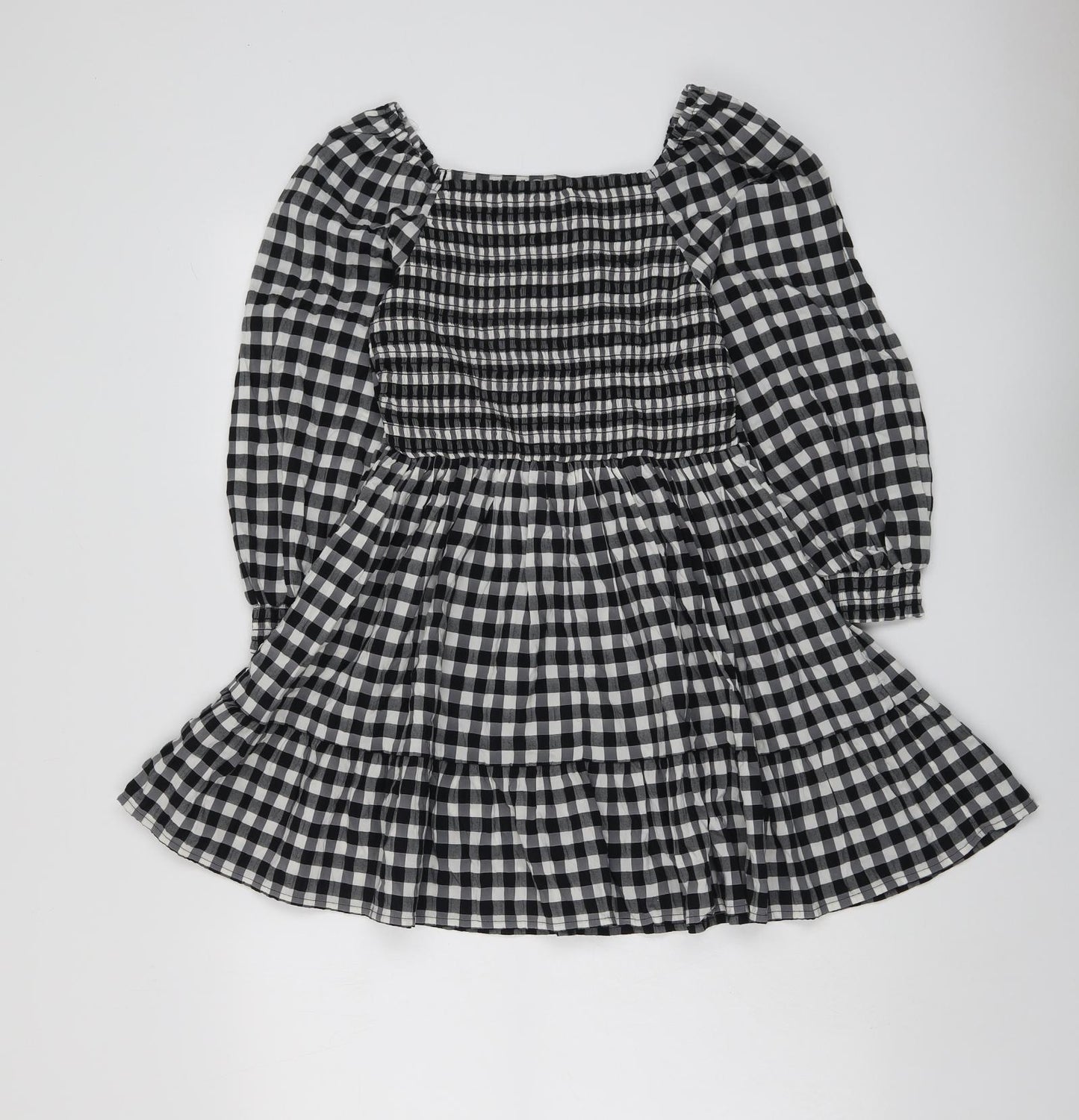 Marks and Spencer Girls Black Check Polyester Skater Dress Size 9-10 Years Square Neck Pullover - Shirred
