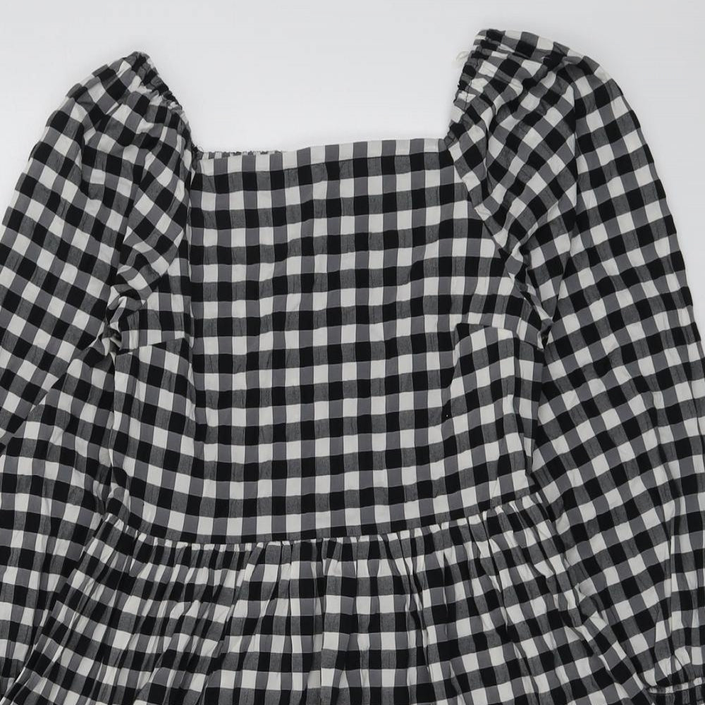 Marks and Spencer Girls Black Check Polyester Skater Dress Size 9-10 Years Square Neck Pullover - Shirred