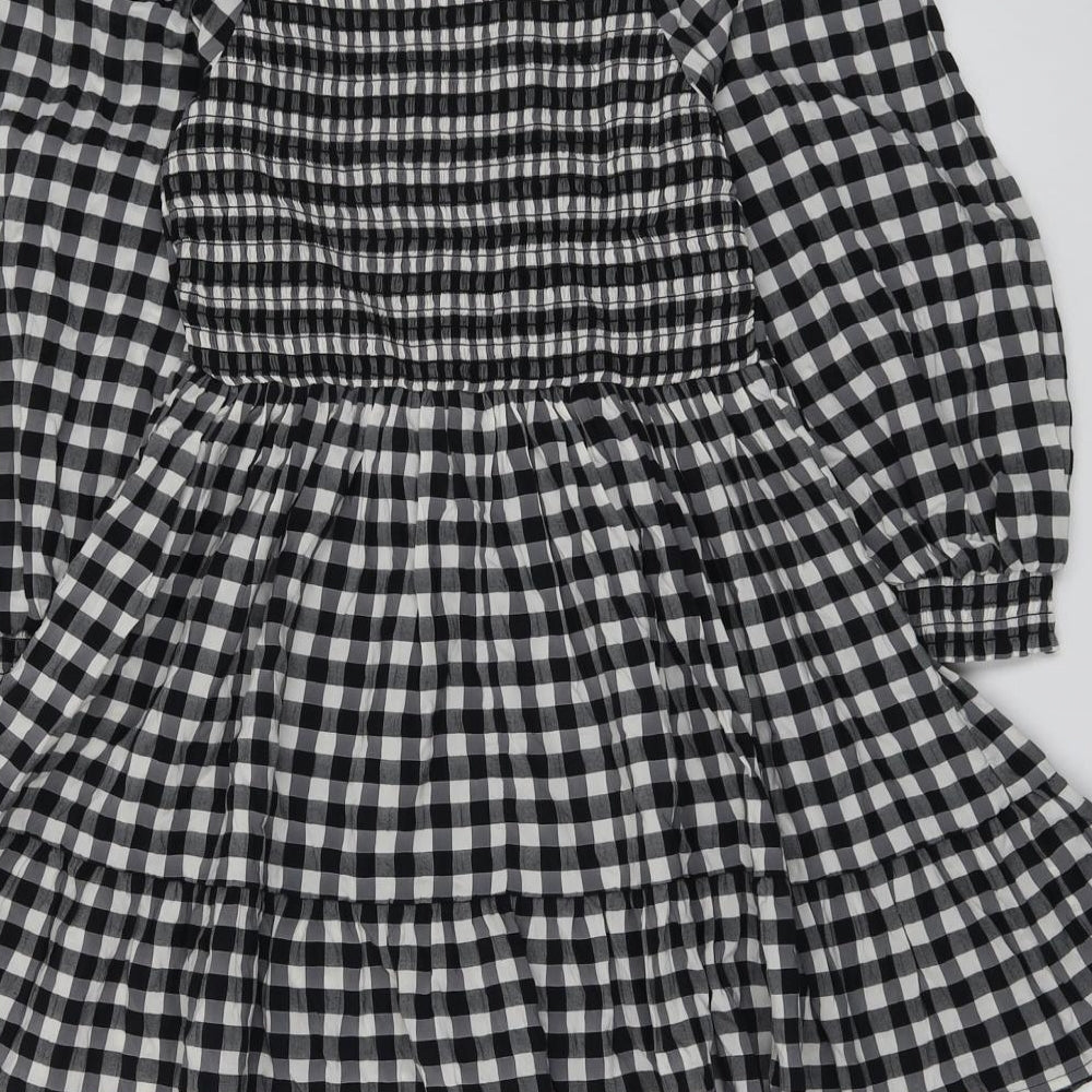 Marks and Spencer Girls Black Check Polyester Skater Dress Size 9-10 Years Square Neck Pullover - Shirred
