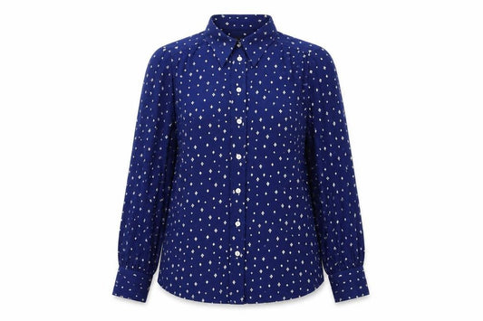 Front view of Marks & Spencer women’s blue geometric polyester basic button-up, size UK 8, collared