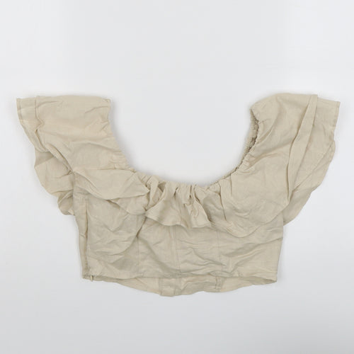 Zara Womens Beige Cotton Cropped Blouse Size XS Boat Neck