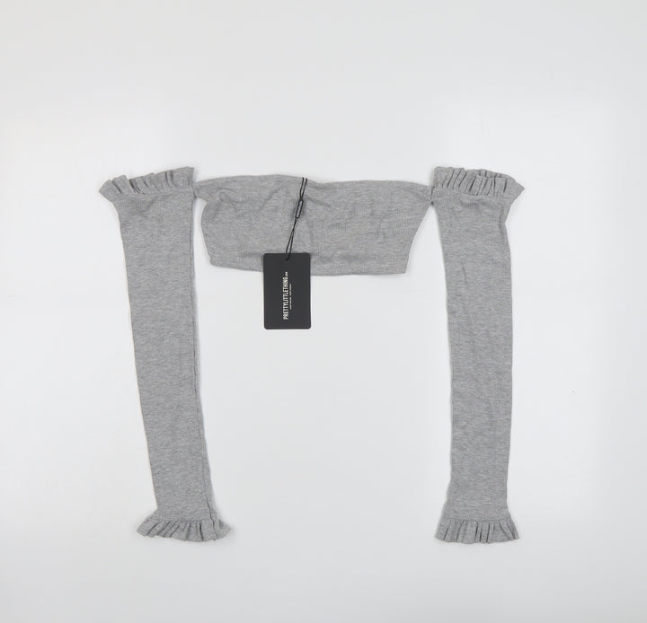 PRETTYLITTLETHING Womens Grey Cotton Cropped Blouse Size 6 Off the Shoulder
