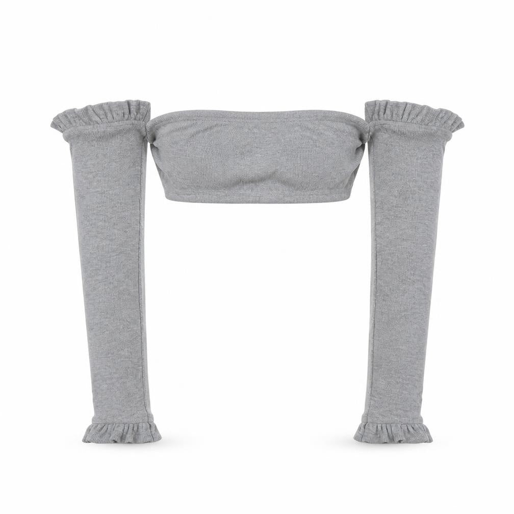 Front view of PRETTYLITTLETHING women’s grey cotton cropped blouse, size UK 6, off the shoulder