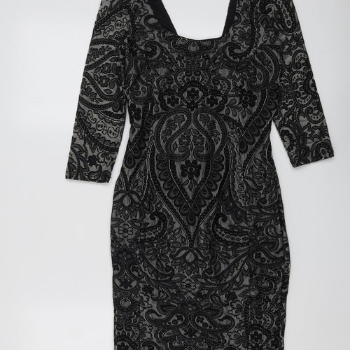 Miss Selfridge Womens Black Geometric Polyester A-Line Size 8 Square Neck Zip
