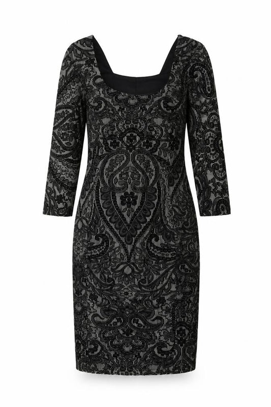 Front view of Miss Selfridge women’s black geometric polyester a-line, size UK 8, square neck zip