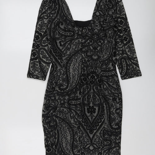 Miss Selfridge Womens Black Geometric Polyester A-Line Size 8 Square Neck Zip