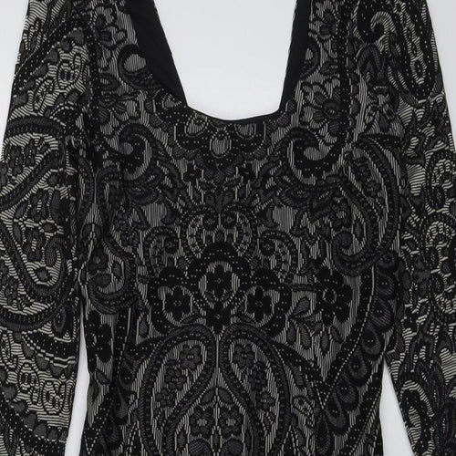 Miss Selfridge Womens Black Geometric Polyester A-Line Size 8 Square Neck Zip