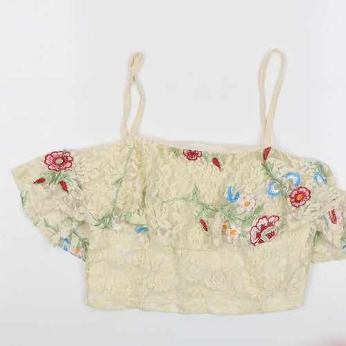 Elli White Womens Beige Floral Polyester Cropped Blouse Size M Off the Shoulder