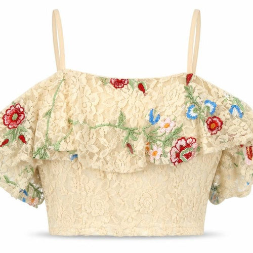 Elli White Womens Beige Floral Polyester Cropped Blouse Size M Off the Shoulder