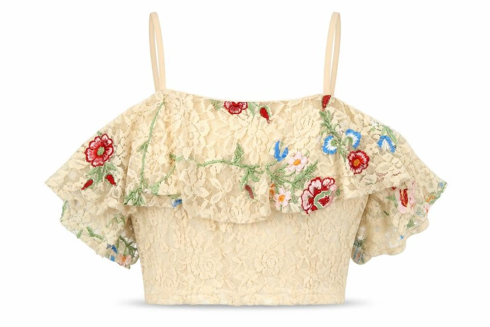 Elli White Womens Beige Floral Polyester Cropped Blouse Size M Off the Shoulder