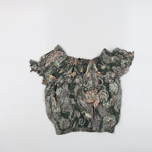 Zara Womens Green Geometric Viscose Basic Blouse Size S Round Neck