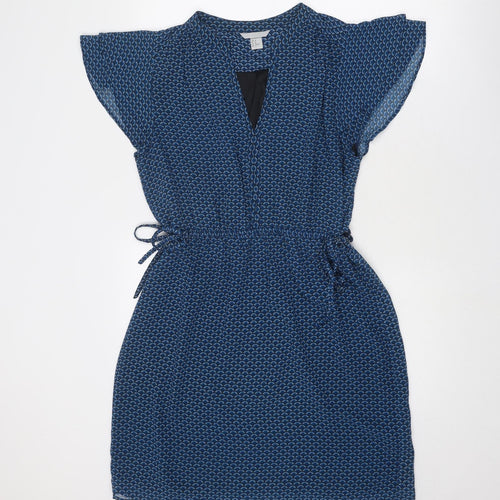 H&M Womens Blue Geometric Polyester A-Line Size 12 V-Neck Pullover - Flutter Sleeve