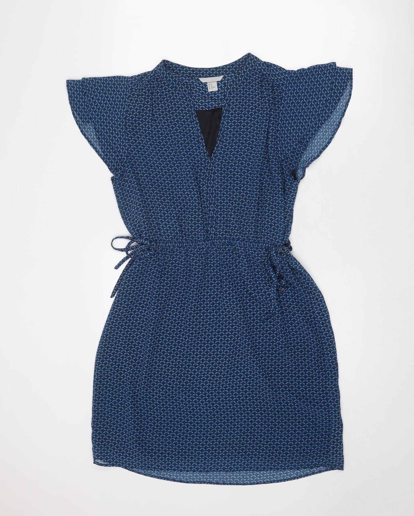 H&M Womens Blue Geometric Polyester A-Line Size 12 V-Neck Pullover - Flutter Sleeve