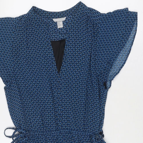 H&M Womens Blue Geometric Polyester A-Line Size 12 V-Neck Pullover - Flutter Sleeve
