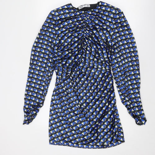 Zara Womens Blue Geometric Polyester Mini Size S Round Neck Zip